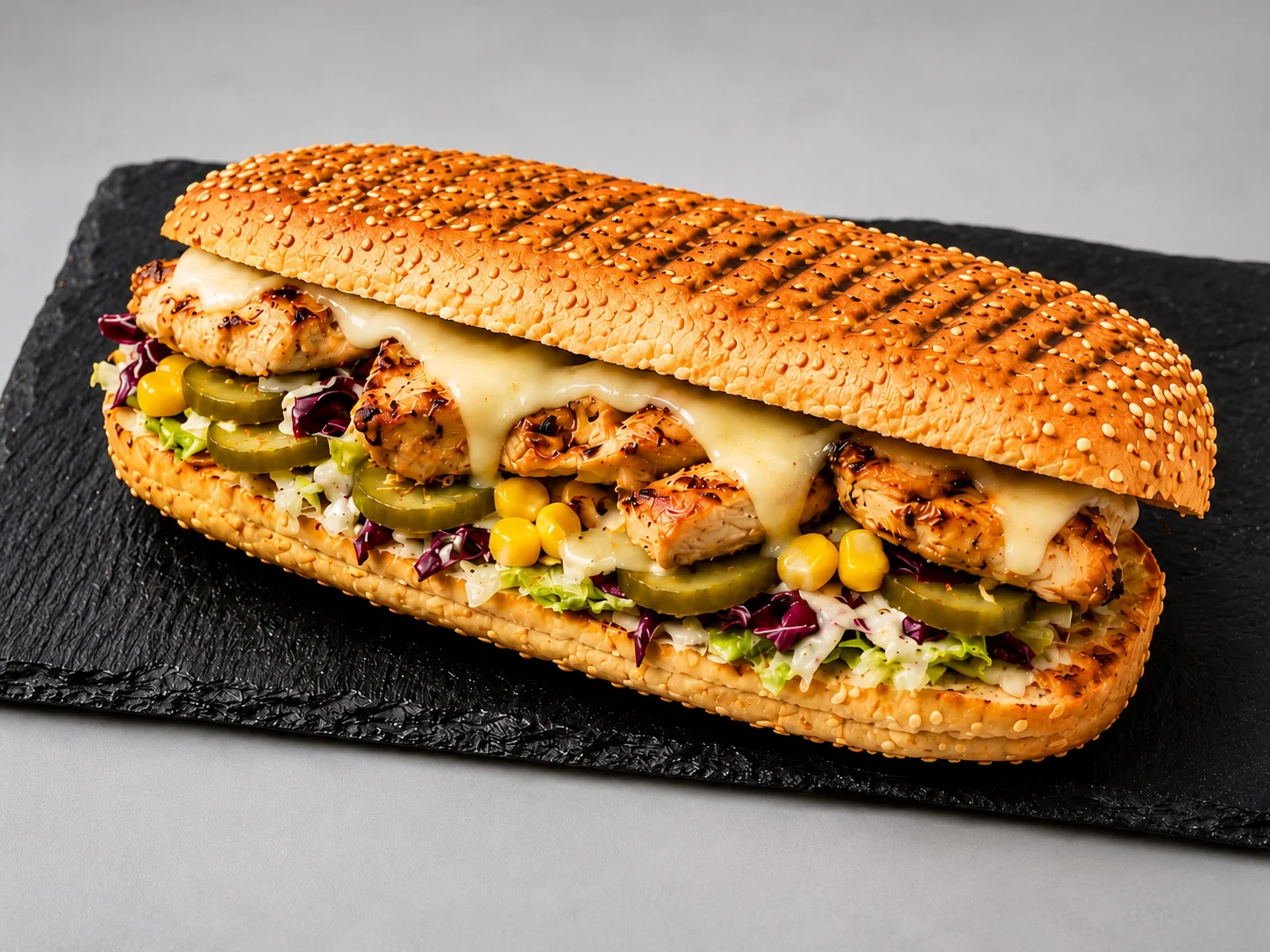 Sandwich Francisco : poulet mariné, fromage, maïs, salade et pickles