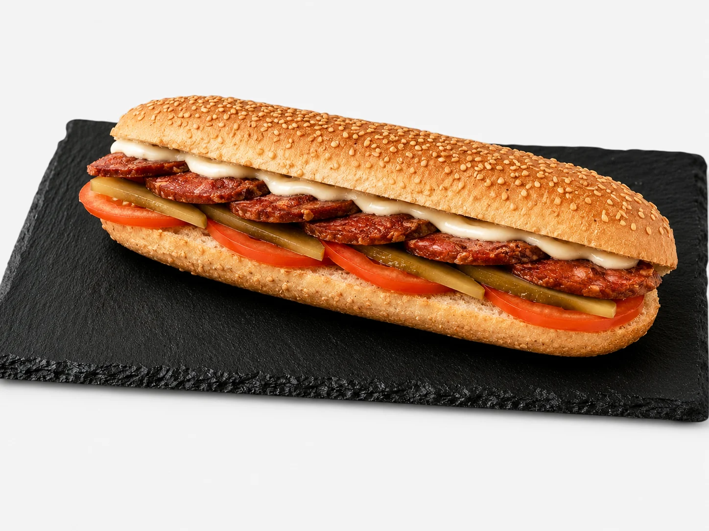 Sandwich Soujouk : saucisses de bœuf épicées, tomate, pickles et sauce maison